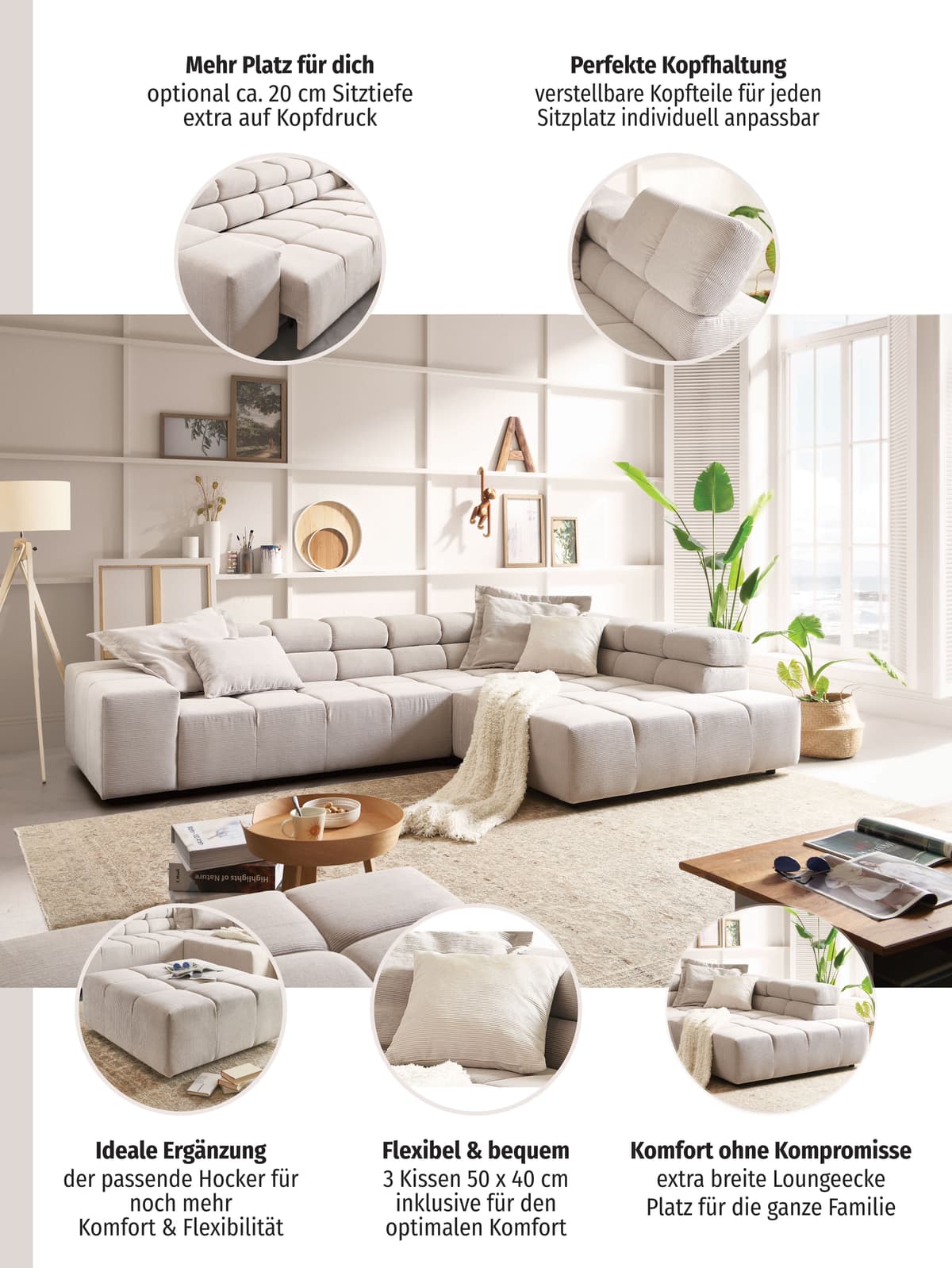Ecksofa HOME AFFAIRE "Ancona, Ecksofa, incl. Kopfteilverstellung, Breite 319 cm, L-Form", grau (taupe), B:319cm H:70cm T:215cm, Struktur (85% Polyester, 15% Viskose);Luxus-Microfaser weich (98% Polyester, 2% Nylon);Velours (100% Polyester), Sofas, Ecksofa