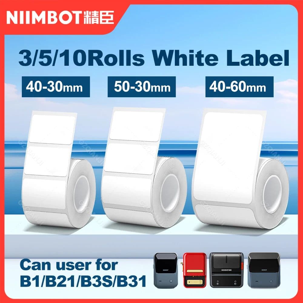 3/5/10 NiiMBOT White Label Paper Waterproof Self-adhesive Rolls For B1 B21 Mini Label Printer Price Tag Office Maker UV Print