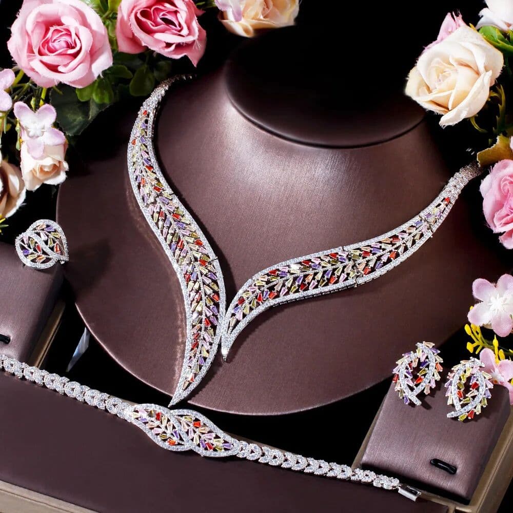CWWZircons 4pcs Multicolor Cubic Zircon Big Leaf Shape Statement Luxury Bridal Jewelry Sets Engagement Wedding Collection T656