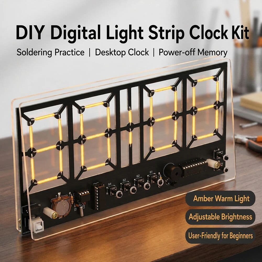 Gaqqee DIY Student Soldering Practice Project Kit DC 5V 4-Bit Warm LED Digital Alarm Clock Kit with Lighting Adjustment DC002 Socket