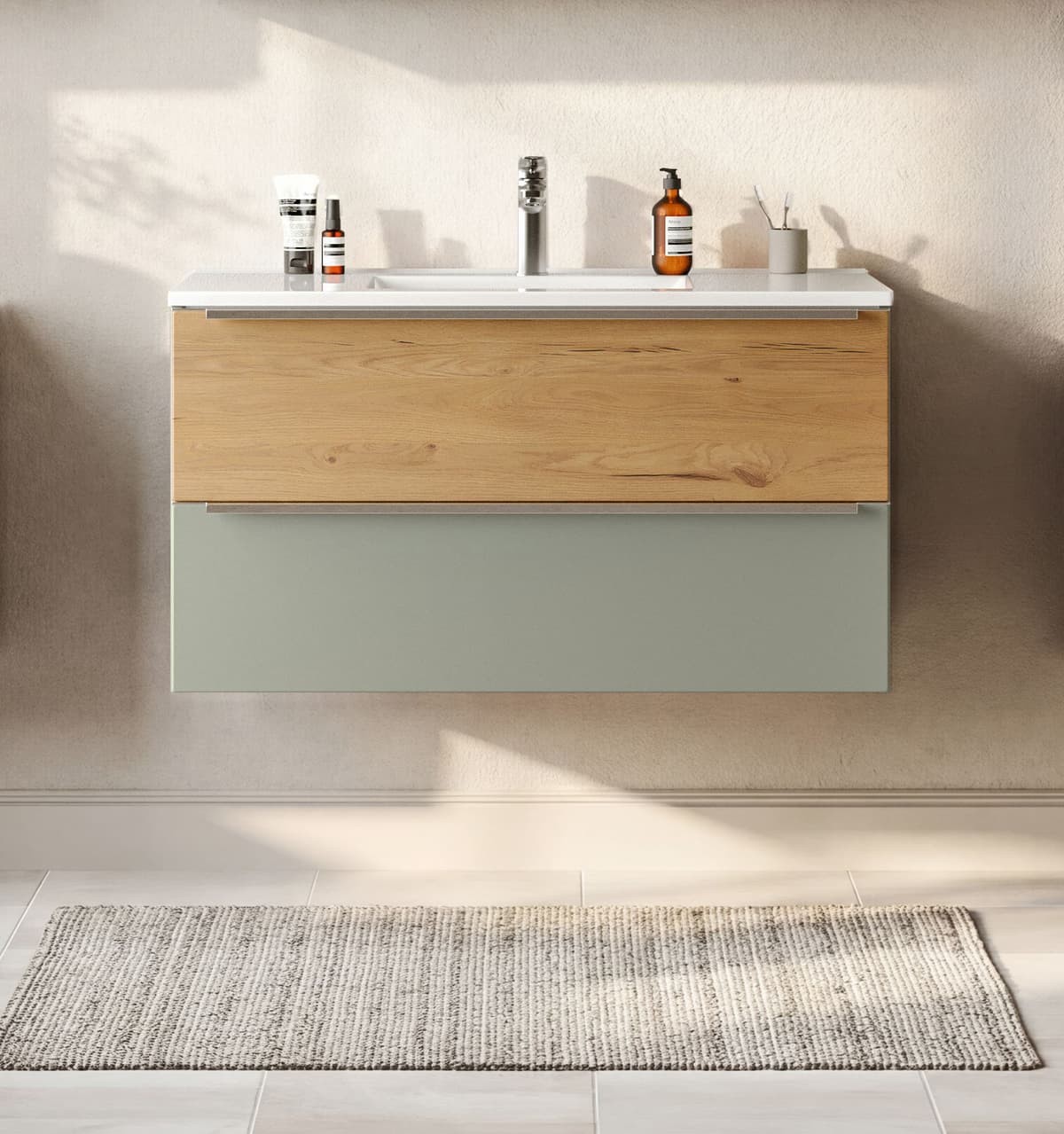 Waschtisch WELLTIME "TRIENT, Softclose-Auszüge, Mineralgussbecken", grün (schilfgrün, wildeiche, schilfgrün), B:100cm H:54cm T:47cm, Waschtische, Waschtisch, schilfgrün/wildeiche, Mineralgussbecken schilfgrün, wildeiche, schilfgrün B/H/T: 100cm x 54cm x 4