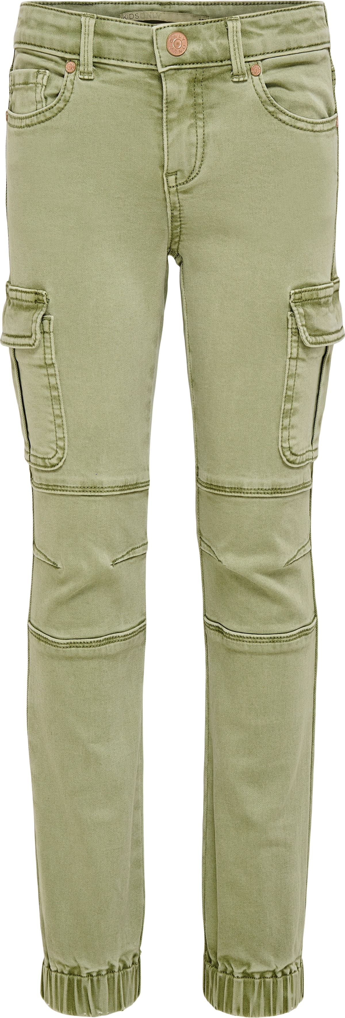 Cargohose KIDS ONLY "KOGMISSOURI REG LIFE CARGO PNT", Mädchen, Gr. 134, N-Gr, grün (oil grün), Web, Obermaterial: 98% Baumwolle, 2% Elasthan, unifarben, slim fit knöchellang, Hosen Cargohose oil grün 134, N-Gr