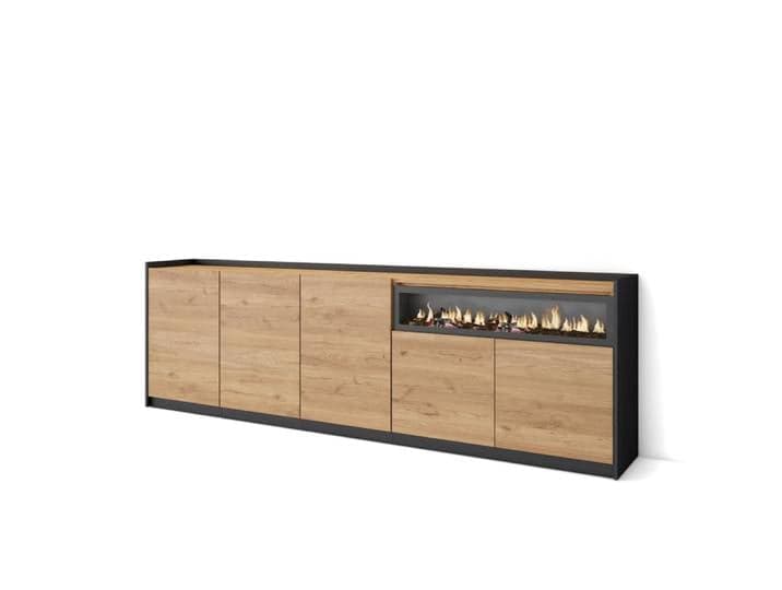 Buffet effet bois de chêne et noir 263x37x80cm cheminée effet feu