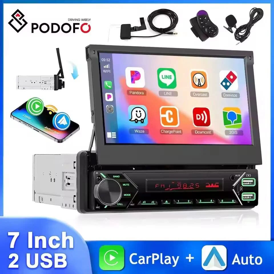 Podofo DAB+ 1Din 7'' MP5 Player Automatic/Manual Retractable Screen Multimedia Player Carplay Android Auto Type-C Car Stereo