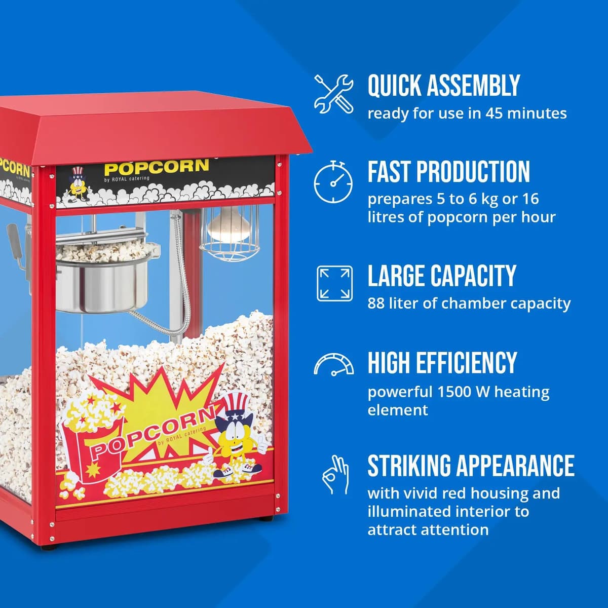 Stroj na popcorn - 1500 W - 5 kg/h - červený - Royal Catering 10013666