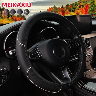 Shop Station Check Pattern PU Leather Steering Wheel Cover Anti Slip Universal white
