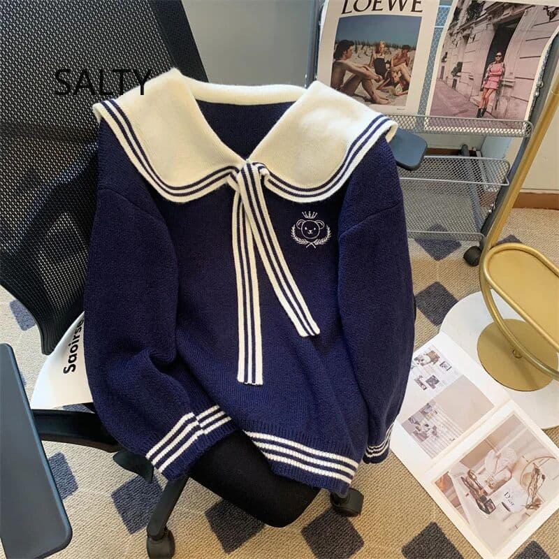 2025 Japanese Cute Bear Embroidered Sweater Women Preppy Style Sailor Collar Knit Top Student Loose Casual Sweaters Woman