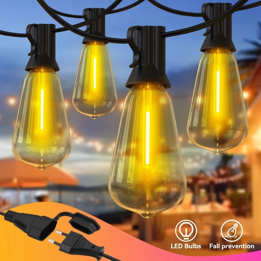 Burhui Outdoor String Light ST38 Patio Hanging Lights Garden Decorative Light String With Shatterproof LED Bulbs 2200K For Outside