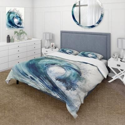 DESIGN ART "Designart ""Ocean Wave Movement VI"" Green Modern - Bed Cover Set With Shams"