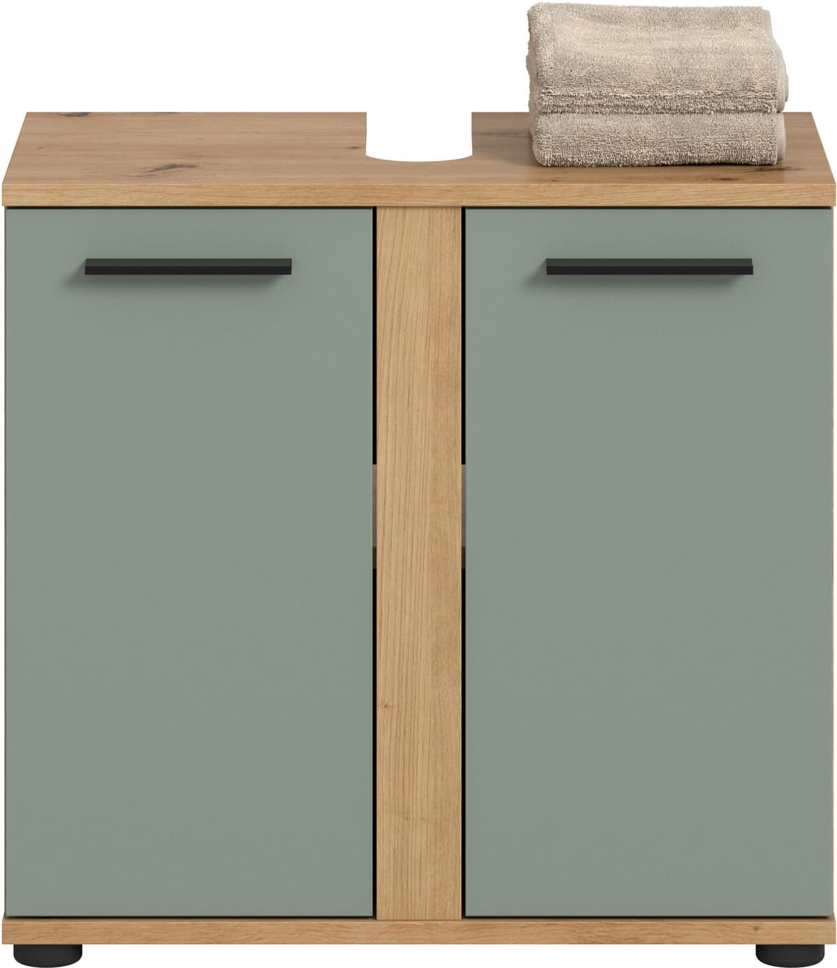 Waschbeckenunterschrank WELLTIME "LUCCA, Breite 60cm, 2 Türen, 2 Fächer,mit Siphonausschnitt", grün (artisan eiche nachbildung, salbei), B:60cm H:57cm T:34cm, Holzwerkstoff, Schränke, Waschbeckenunterschrank artisan eiche nachbildung, salbei Artisan Eiche