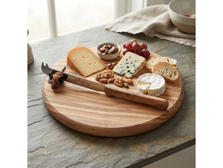 Rundes Holzbrett mit Maus und Messer, 22 cm, Olivenholz