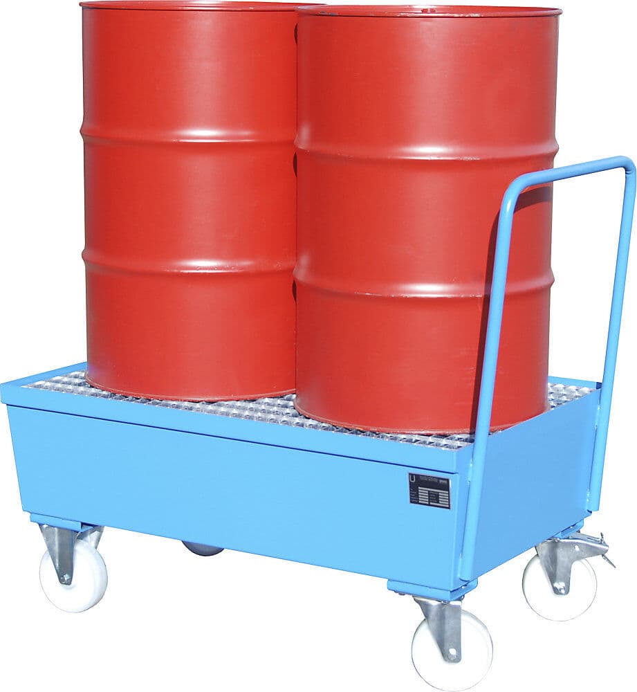 eurokraft pro Fahrbare Stahl-Auffangwanne mit Randprofilierung, für 200-l-Fässer, 2 x stehend, LxBxH 1280 x 800 x 1110 mm, blau RAL 5012