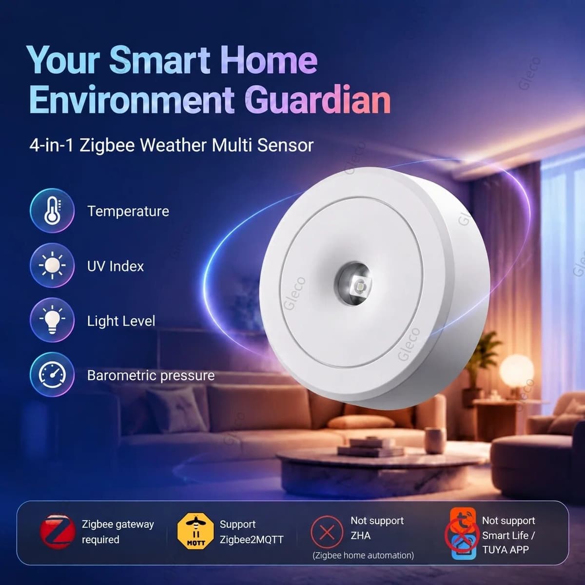 coolo Zigbee Weather Station Sensor Mini AirGuard TH Pressure Barometer Temperature Brightness UV Detector For Home Assistant 2MQTT