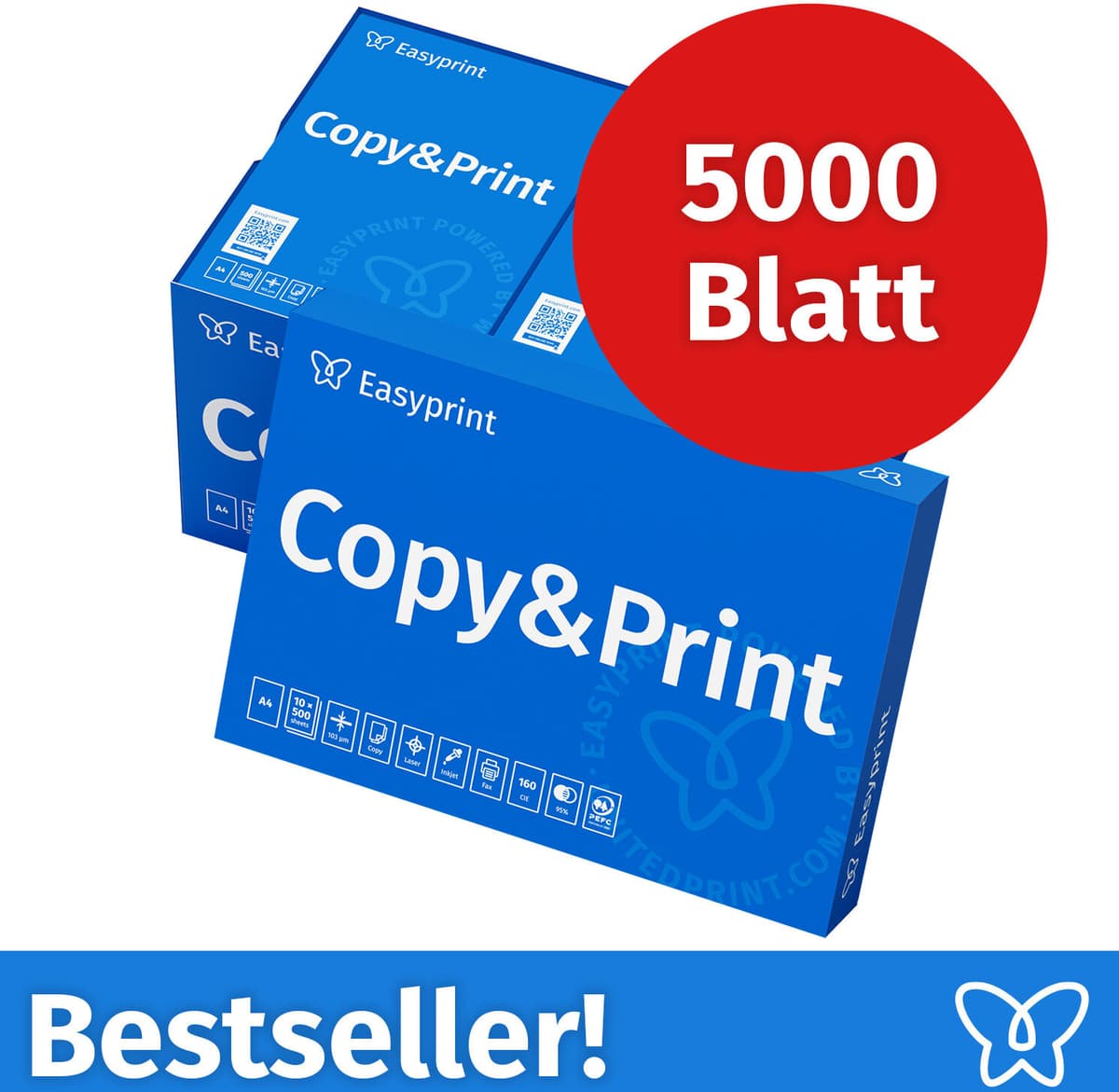 Easyprint Druckerpapier Kopierpapier 5000 Blatt 10 x 500 A4 Premium Hochweiß CIE 160 Testsieger PEFC zertifiziert