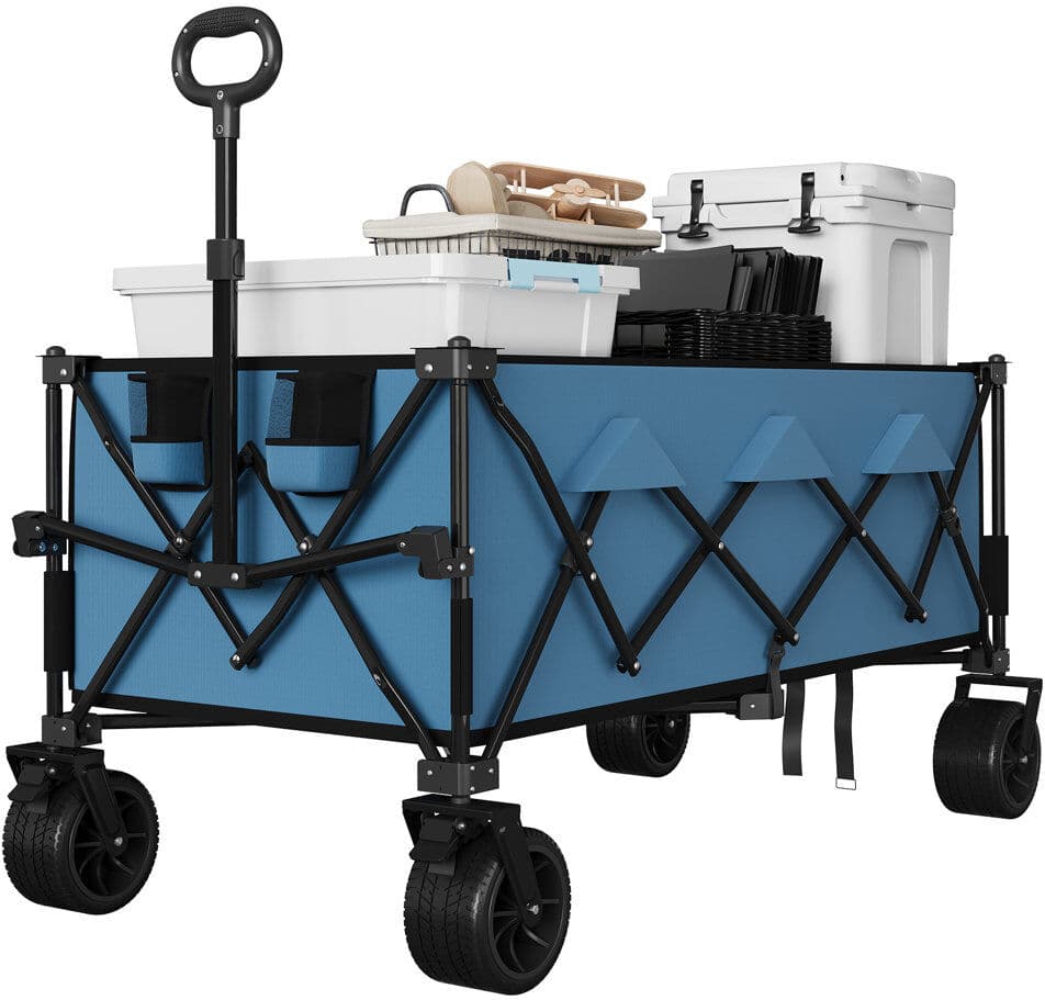 ZACOO 132cm Extra Long Foldable Utility Wagon, 208kg Heavy-Duty Collapsible Cart with All-Terrain 360° Wheels, 1.2mm Iron Frame & Large Capacity for Beach C Blue/Black 106.7cm H X 73.7cm W X 137.2cm D