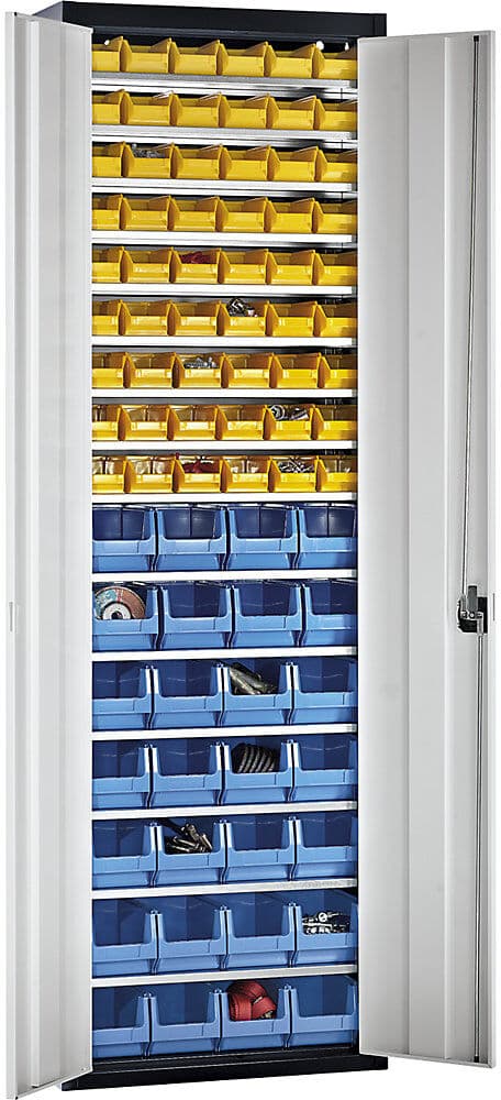 Magazinschrank mit Sichtlagerkästen, HxBxT 2150 x 680 x 280 mm, zweifarbig, Korpus grau, Türen grün, 52 Kästen mauser