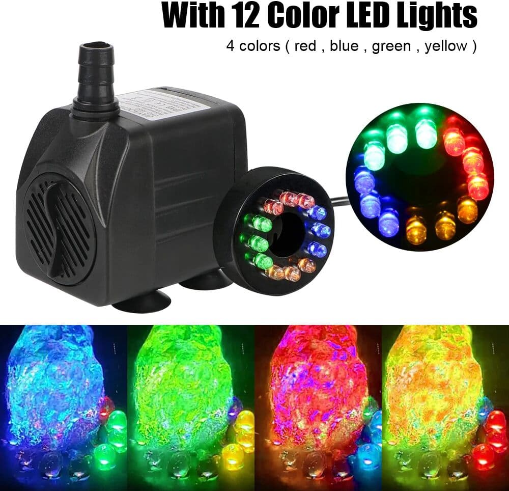 NONE Submersible Fountain for Garden Aquarium Fish Tank Bird Bath Fountain with 12 LED Light Waterproof Water Pump Ultra-quiet