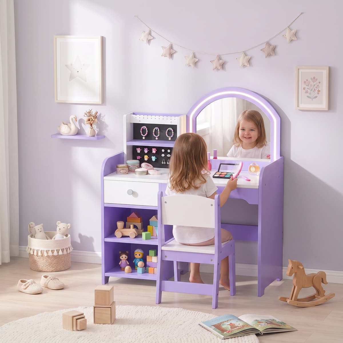 Aiyaplay Set Toeletta Trucco Bambina 2 in 1 con Sgabello e Specchio, Luci a 2 Colori, Portagioielli, Cassetto, Viola   Aosom Italy