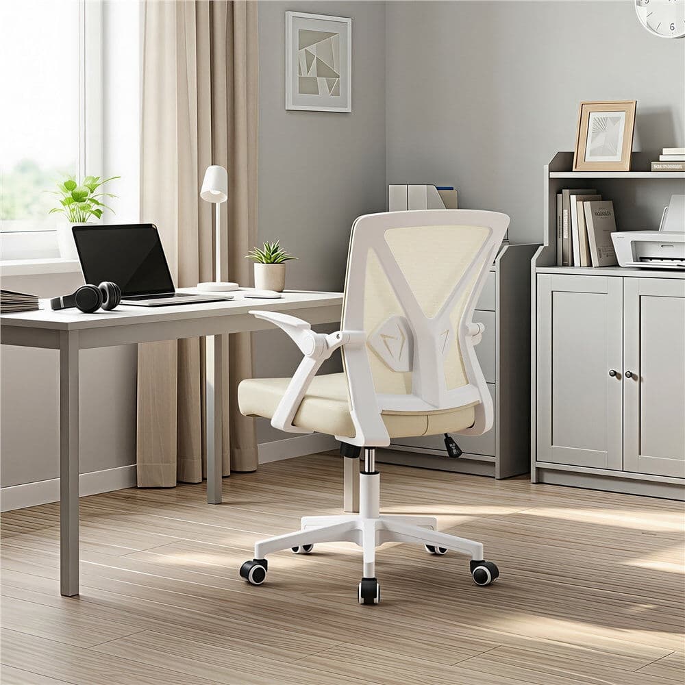 Yaheetech Mesh Desk Chair with Flip-up Armrest Beige/White 100cm H X 59cm W X 59cm D