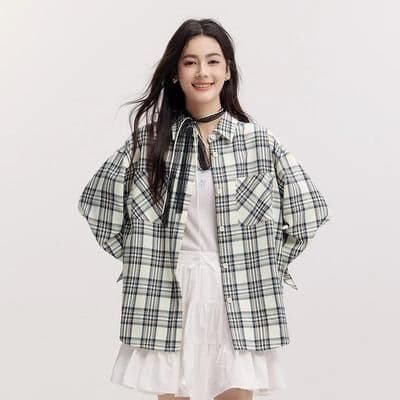 Uplift Picks Semir Womens Oversized Checkered Shirt Vintage Long Sleeve Plaid Blouse Mid Length Casual Top white l