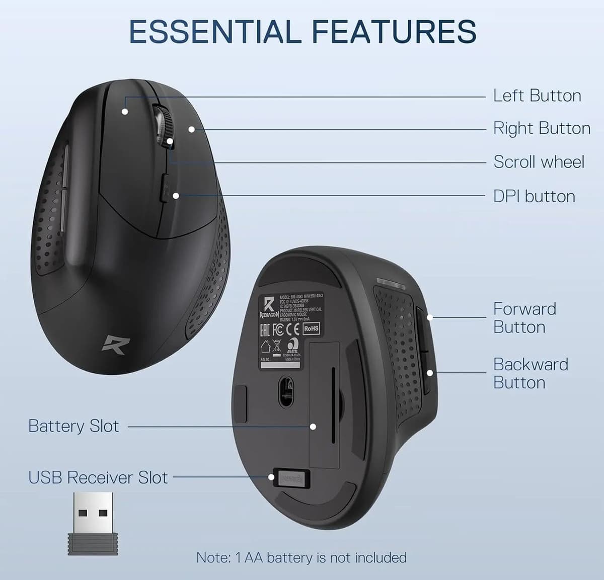 Redragon BM-4033 Wireless Vertical Ergonomic Mouse, 2.4GHz Connection, 5 Levels Up to 4000 DPI