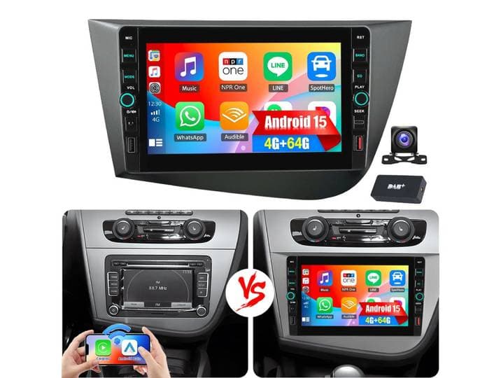 ESSGOO DAB+ 64G Für Seat Leon 1P1 2005-12 Android 16 Autoradio Carplay GPS BT Navigationsgerät (Apple Carplay Android Auto GPS Navi WIFI BT EQ mit USB- und Type-C)