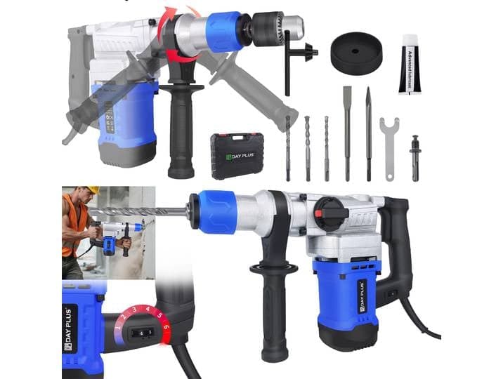 Marteau perforateur SDS Plus 1500W, perceuse à percussion électrique 6 vitesses avec 4 modes – 0-800 tr/min, 4500 BPM – Pour béton, brique, maçonnerie