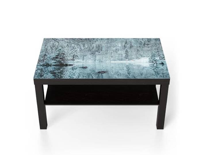 DEQORI Glastisch schwarz groß 90x50 cm Motiv Winterspiegelung ausgefallener Beistelltisch aus Glas Hochglanz Couchtisch fürs Wohnzimmer moderner Couch Tisch mit Design