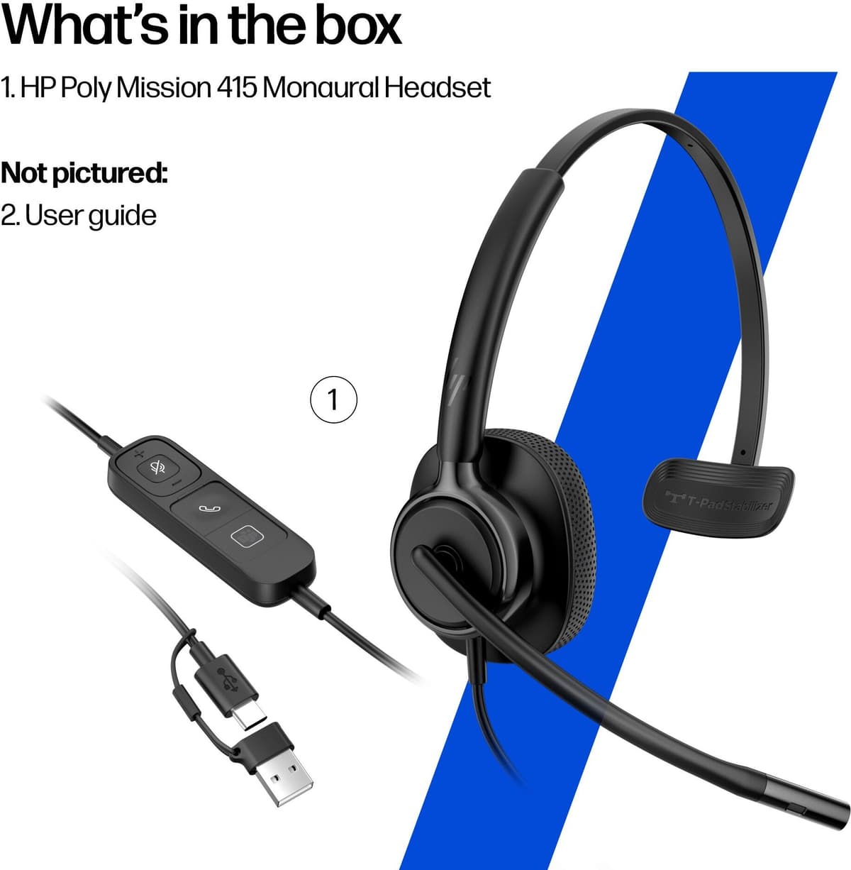 HP Poly Mission 415 Monaural USB-C Wired Headset with USB-A Adapter (C01B2AA)