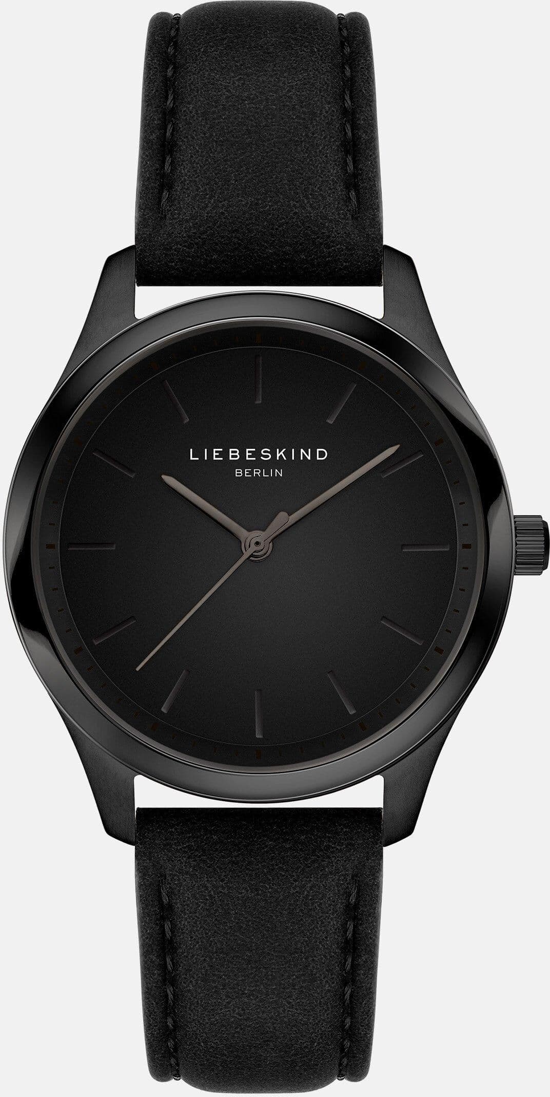 Quarzuhr LIEBESKIND BERLIN "Basic Staples", schwarz (schwarz, schwarz), Armbanduhren, Damen, Quarzuhr, Armbanduhr, Damenuhr, Lederarmband, analog
