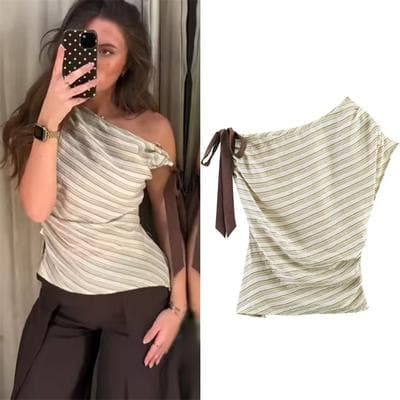 Daily Deals Depot Striped Asymmetrical Bow Detail Women's Summer Top Casual Office Blouse s