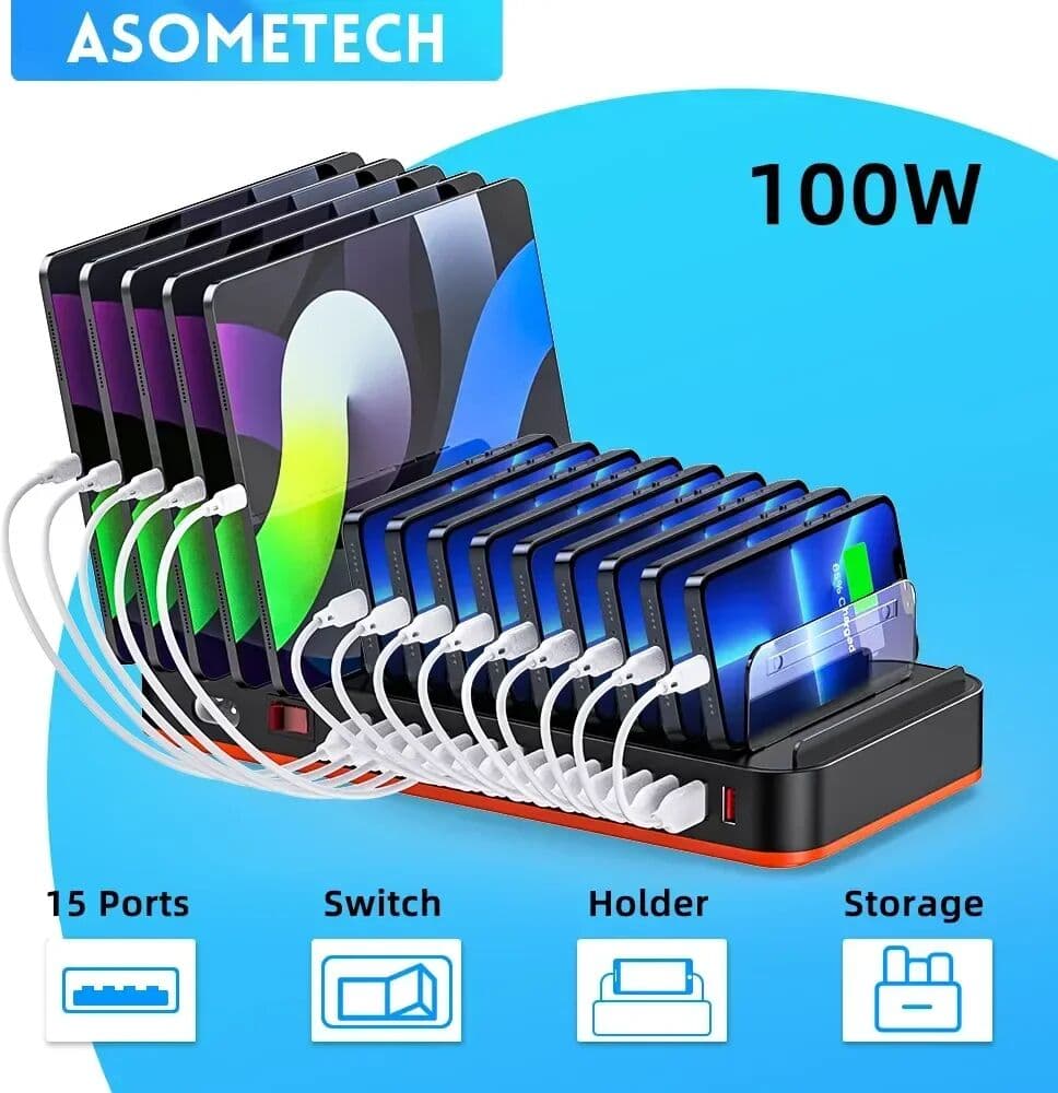 ASOMETECH 100W Universal 15 Ports Multi USB Fast Charger Charging Station Usb Quick Charge Phone Stand for Iphone 15 Samsung Xiaomi Tablet