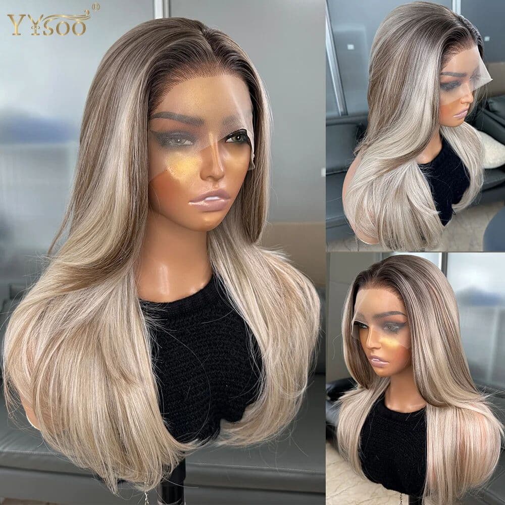NONE Middle Part Wavy Ombre Highlights 13x4 Half Hand Tied Wig Dark Roots Glueless Futura Synthetic Hair Lace Front Wigs for Women