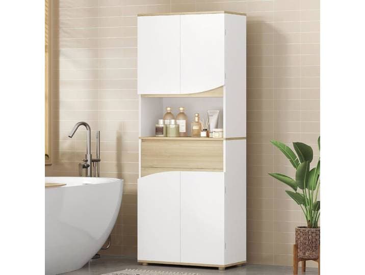 Meuble de Salle de Bain 60 x 30 x 170 cm Blanc et Chêne Armoire Colonne de Rangement Multi-Zones pour Salle de Bain