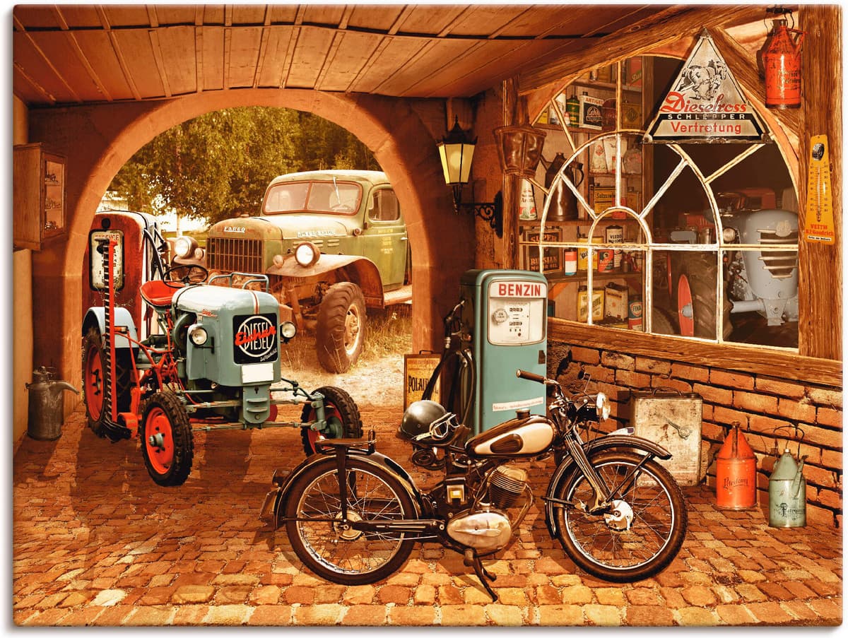 Leinwandbild ARTLAND "Werkstatt mit Traktor und Motorrad", braun (farbe bild(er): braun), B:40cm H:30cm, Bilder, Leinwandbild, auf Holzrahmen gespannt farbe bild(er): braun B/H/T: 40cm x 30cm, Leinwandbild Traktoren, 1 Stk.