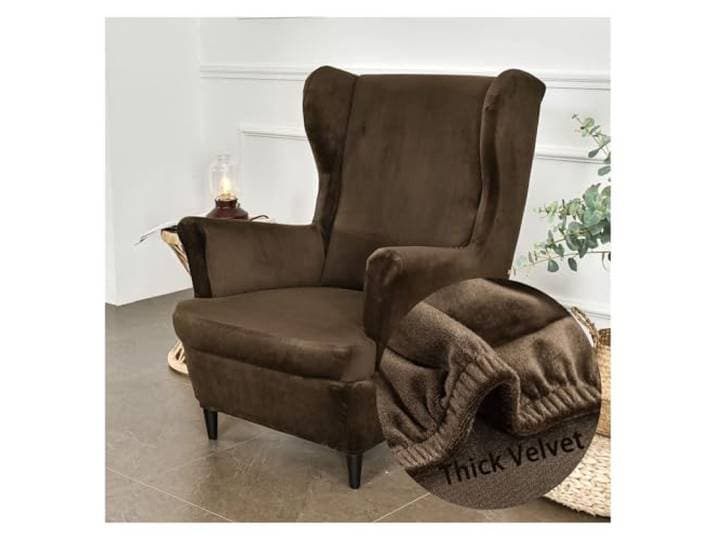 Wingback-stoelhoezen 2-delige stretch-vleugelstoelhoes Mode effen kleur fluwelen Strandmon bankhoes meubelbeschermer for fauteuil stoelen woonkamer slaapkamer(Dark Brown)