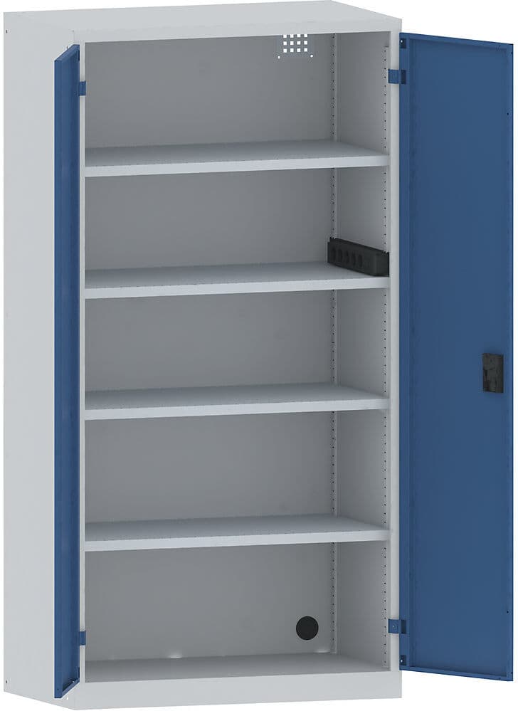 Akku-Ladeschrank, 4 Fachböden, Vollblechtüren, Energieleiste seitlich, grau / blau LISTA