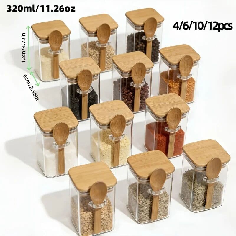 NONE 320ml Square Sealed Glass Storage Jar with Bamboo Lid and Spoon - 4/6/10/12Pcs - Borosilicate Glass Food Container for Kitchen Spices, Sugar, Coffee, Tea