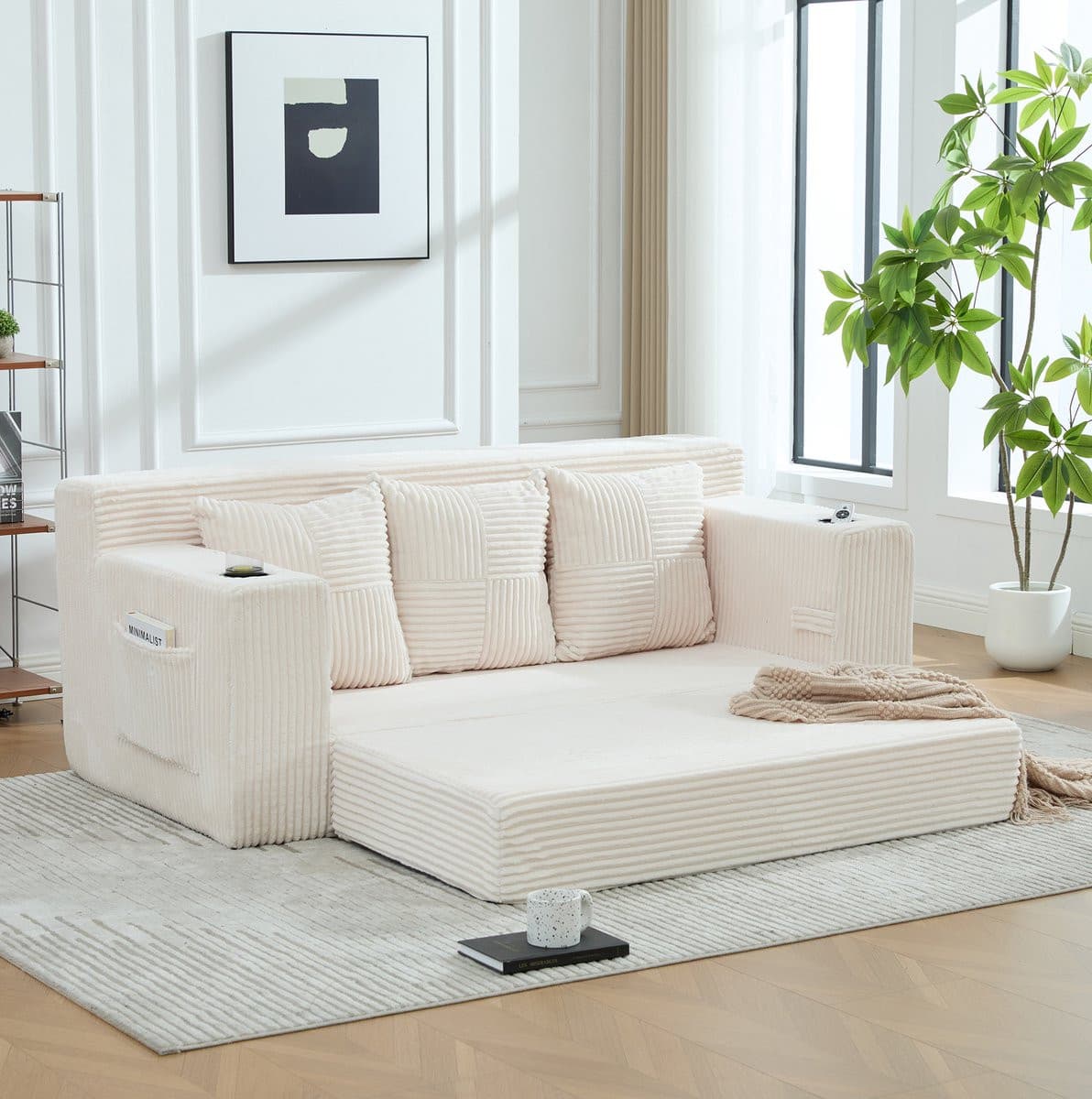 OKWISH Slaapbank 3-Zits 172 cm – Uitklapbare Scandinavische Bank met Bekerhouders en Opbergvakken – Beige Corduroy