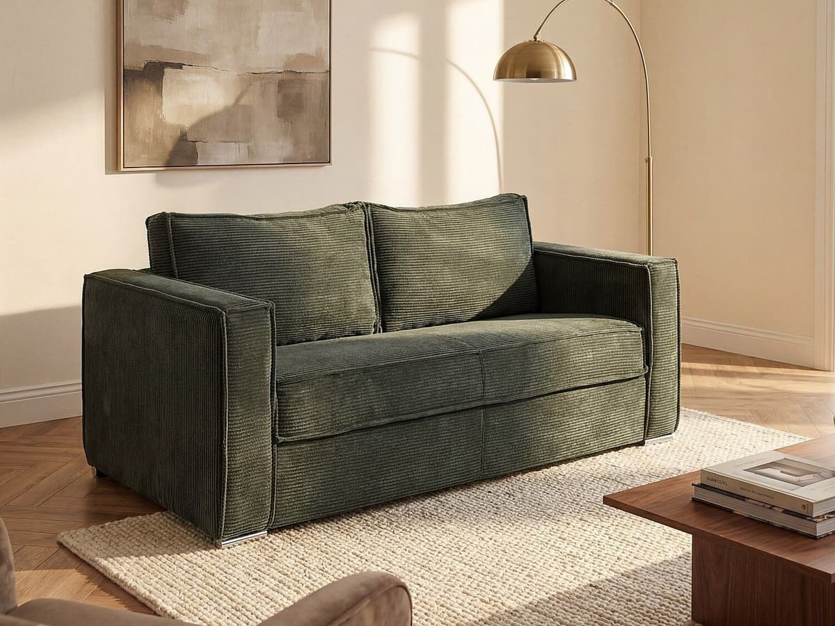 Vente-unique Express-vierzitsslaapbank van spargroen ribfluweel - Bed 160 cm - Matras met vormgeheugen 22 cm LORETO