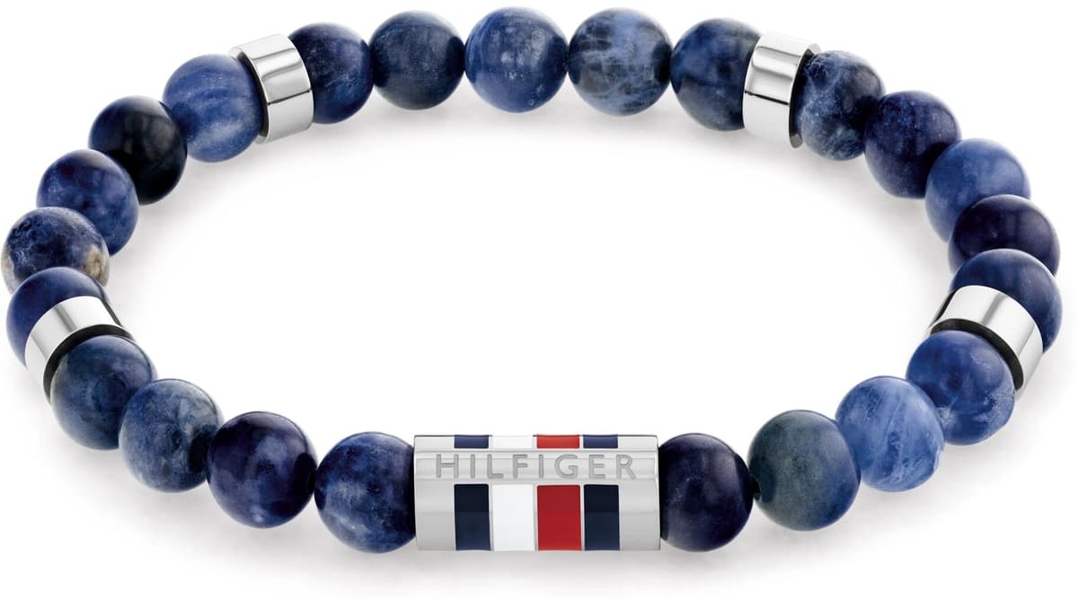 Armband TOMMY HILFIGER "BEADS", blau (blau, edelstahlfarben, rot, weiß, blau), Armbänder, Damen, 18cm, Edelstahl Elasthan, Edelstahl, Elasthan, Armband, mit Sodalith oder Onyx - Emaille