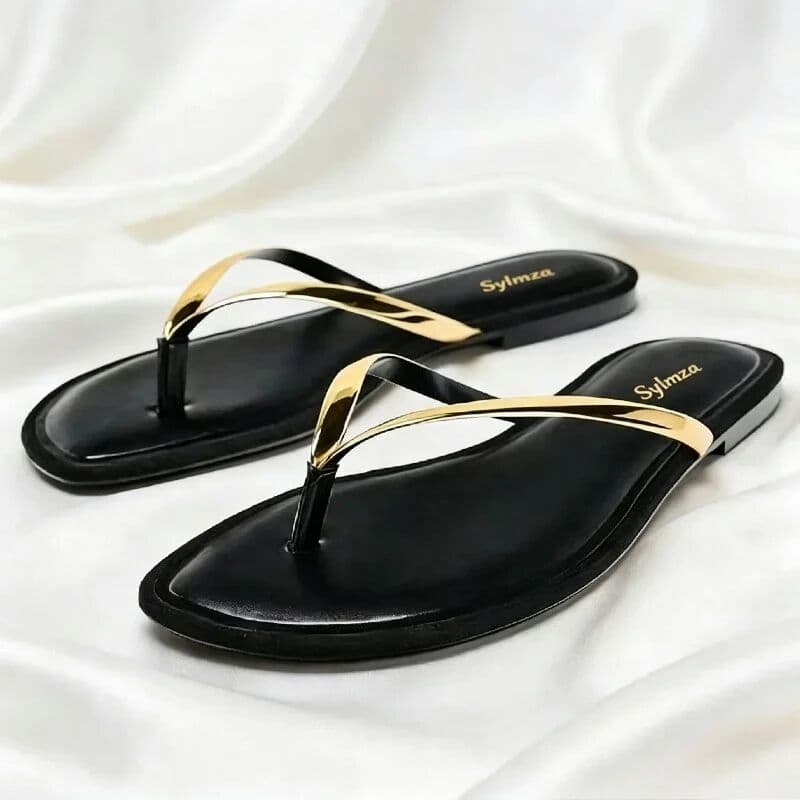 sylmza Metal Strap Design Flip Flops Women Round Toe Split-toe Slippers Summer Holiday Comfortable Lightweight Designer Flat Sandal