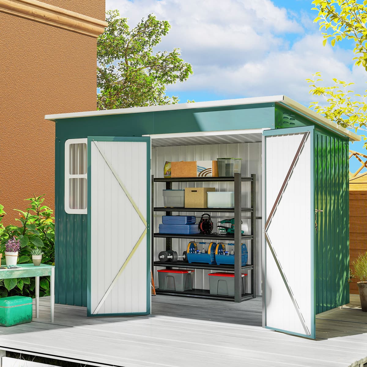 Outsunny Casetta da Giardino 4.13m² in Acciaio Zincato Kit di Fondazione, Tetto Inclinato, Doppia Porta Bloccabile, Prese d'Aria, Finestra, Verde   Aosom Italy