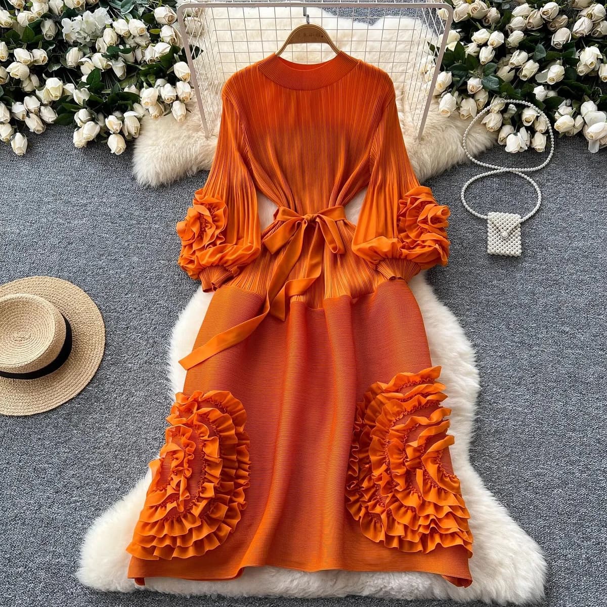 Banulin Miyake High End Tied Up Oversize Pleated Long Robes Turtleneck Bubble Petal Sleeves High Waist Formal Dresses Women Clothing