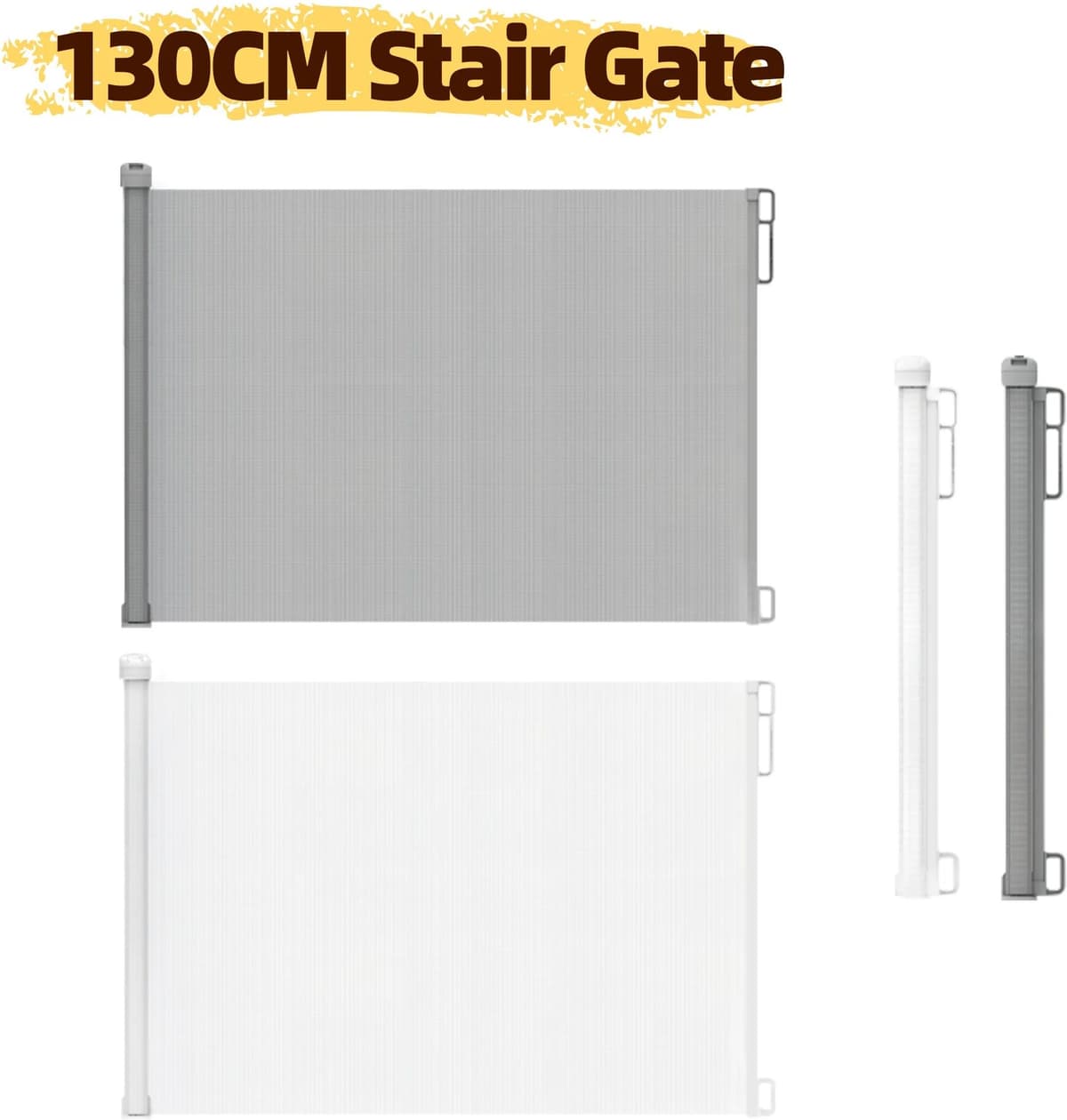 Feytory Stair Gate For Baby, Metal Extra Wide Baby Gate Mesh Retractable Dog Gate Stairways/Hallways/Indoor/Outdoor, One Hand Operation, Safety Locking Mechanism, 130cm * 88.9cm (L*W), White
