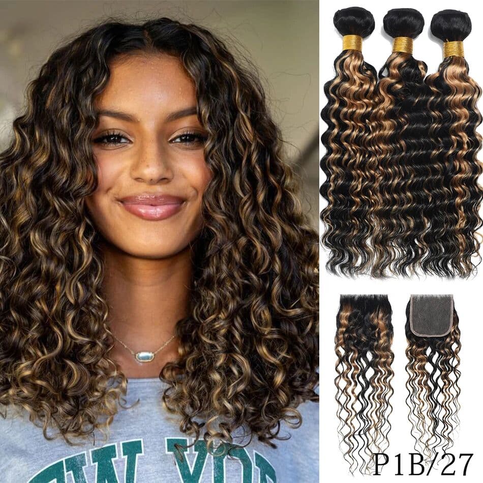 DREAM DIANA 12A 100% Ombre Human Hair Deep Curly Bundles With Closure 2/3 Bundles Highlight Blond Deep Wave Hair With 4x4 HD Lace Closure
