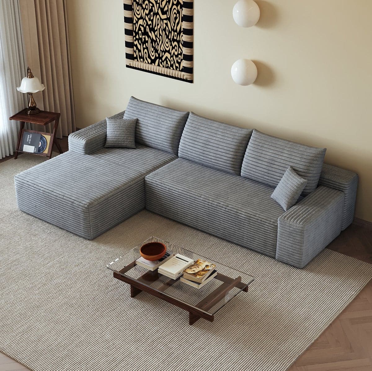 FloraGrace Hoekbank 270 cm - Modulaire 3-zits bank met L-vormige chaise longue in grijze stof