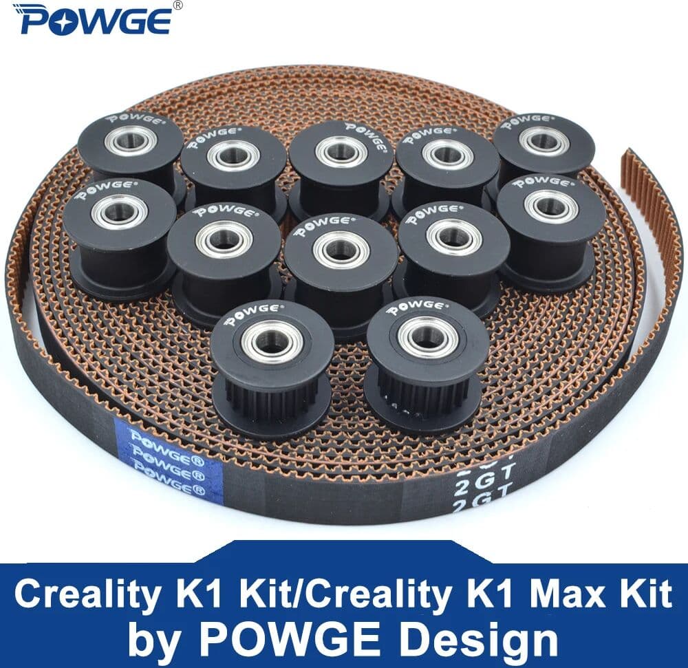 POWGE Black Creality K1 Kit of 3Meters 2MGT 2GT-7.7 RF Open Timing Belt 12pcs of 2GT 20 Teeth Idler Pulley Bore 4mm 3D Printer