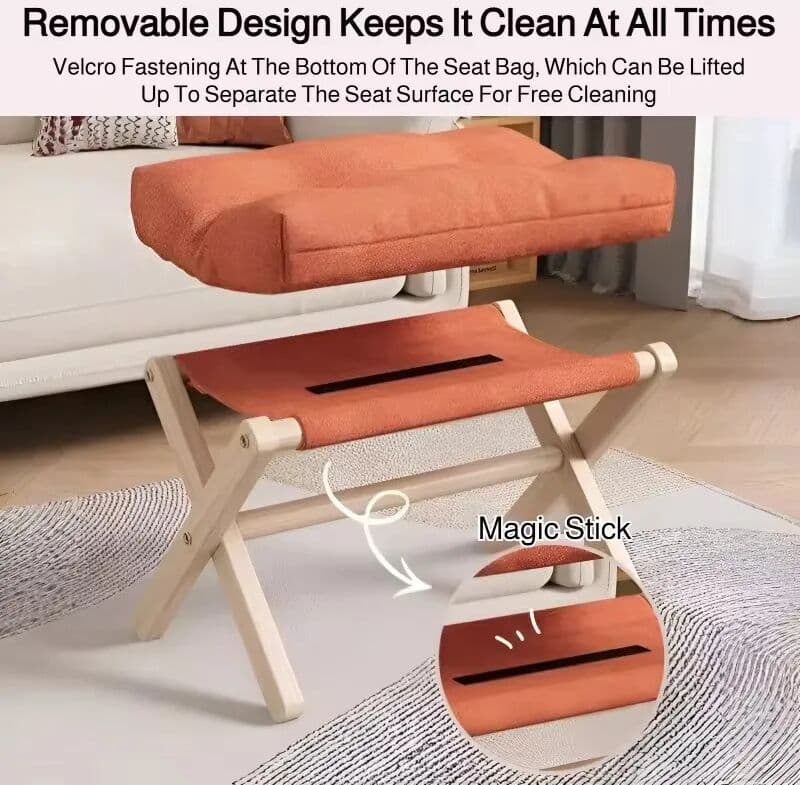 NONE Compact Wooden Footstool with Padded Cotton Top, Ideal for Living Areas and Hallways