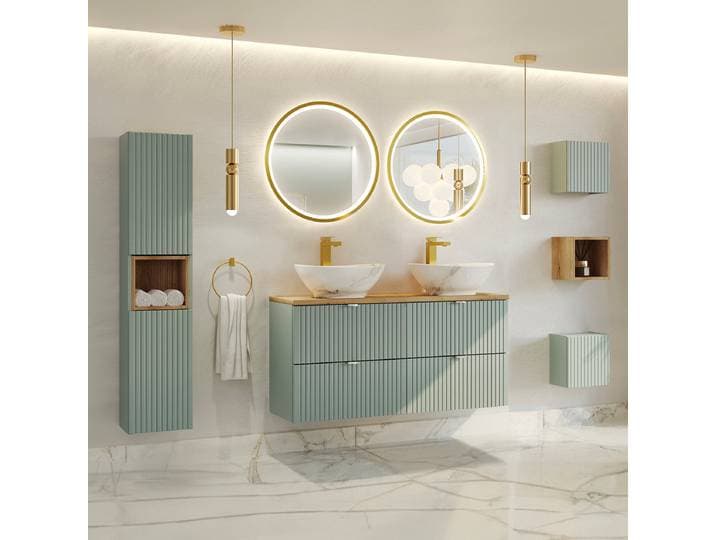 Ensemble meuble double vasque 120cm 4 tiroirs colonne et 3 armoires murales Jade Vert et Bois
